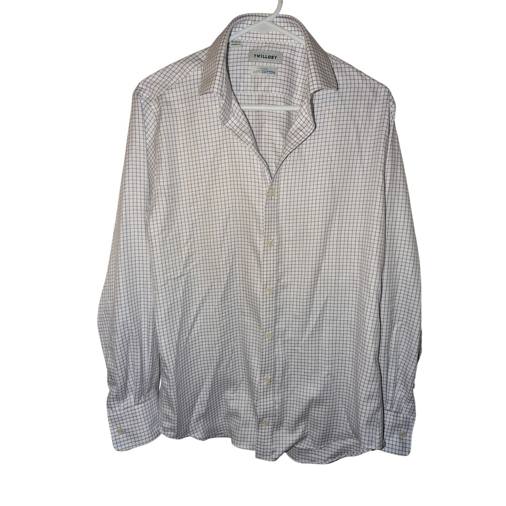 Twillory Safe‎ Cotton Purple White Check Dress Shirt Mens Long Sleeve Button Up